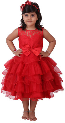 Naz Mannat fashion Girls Below Knee Festive/Wedding Dress(Red, Sleeveless)