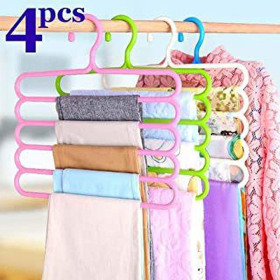 kepptal 4 Pieces Multi-Purpose 5 Layer Pants Clothes Hanger Wardrobe Storage Organizer Plastic Hangers Steel Shirt Pack of 4 Hangers For  Shirt(Multicolor)