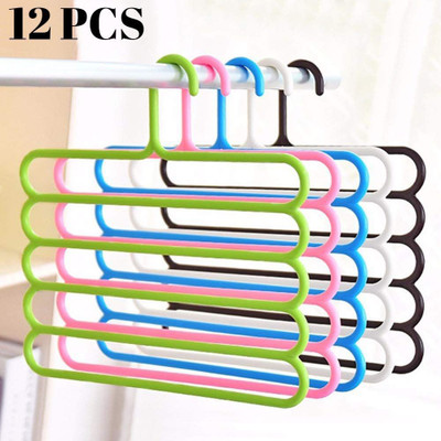kepptal 12 Pieces Multi-Purpose 5 Layer Pants Clothes Hanger Wardrobe Storage Organizer Plastic Hangers Steel Shirt Pack of 12 Hangers For  Shirt(Multicolor)