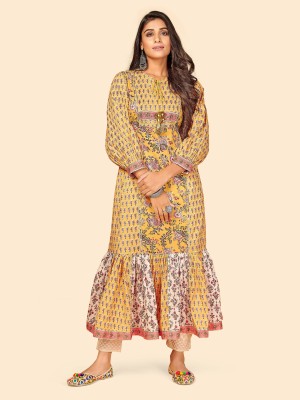 VBUYZ Women Printed Flared Kurta(Yellow)