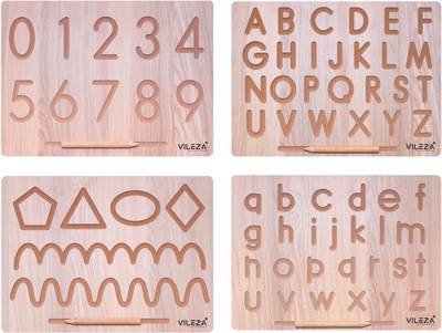 VILEZA 4 IN 2 Combo English Alphabet Wooden Tracing Board | Abcd &amp; 123 Number with Dummy Pencil | Capital Word "ACBD" and Small Word "abcd" | "0 To 9", Number and Curve Pattern Tracing Board | Educational Toys | Puzzle | ABCD 123 Tracing Board | Letter Educational Slate | Learning Tracing Board, Educational Tracing Board, Hand Writing Tracing Board Alphabet Practice Board for Kids(Child) for 2+ Years Old Kids  (Brown)
