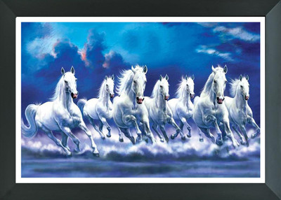FRIZZY ARTS seven horse lucky paintings| vastu photo frames | seven lucky horse photo frame Digital Reprint 10 inch x 14 inch Painting(With Frame)
