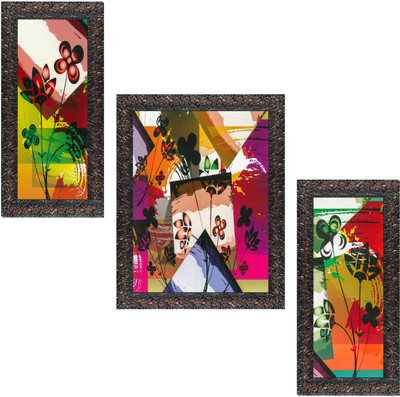 Indianara Set of 3 Abstract Multi coloured Framed Art Painting (1161GBN) without glass (6 X 13, 10.2 X 13, 6 X 13 INCH) Digital Reprint 13 inch x 10.2 inch Painting(With Frame, Pack of 3)