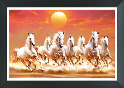 FRIZZY ARTS seven horse lucky paintings| vastu photo frames | seven lucky horse photo frame Digital Reprint 10 inch x 14 inch Painting(With Frame)