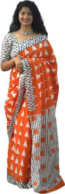 JAIPURI BLOCK PRINT Printed Daily Wear Pure Cotton Saree(Orange)