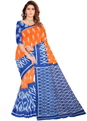 The Familiar Handicrafts Printed, Blocked Printed Bollywood Pure Cotton Saree(Blue, Orange)