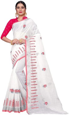 DEVPRIYA FASHION Embroidered Bollywood Cotton Linen Saree(White, Pink)