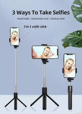 samipna 3 in1 Multi-Purpose Bluetooth Extendable Wireless Remote Selfie Stick Tripod Stand with Bluetooth Remote Bluetooth Selfie Stick(Black, Remote Included)