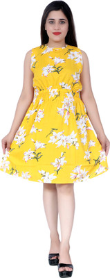 VESICLE Women Fit and Flare Yellow, White, Green Knee Length Dress