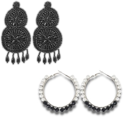 Bellina FABRIC BASE SMALL BLACK BEADS EARRING SET AND DUAL TONE BEADS HOOP EARRING SET COMBO (PACK OF 2) Fabric, Alloy Earring Set, Hoop Earring, Stud Earring