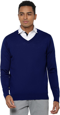 Allen Solly Solid V Neck Casual Men Blue Sweater