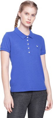 AM SWAN Solid Women Polo Neck Blue T-Shirt