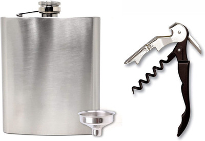 Protos India.Net Hip Flask Funnel Wine bottle Opener 3 - Piece Bar Set(Stainless Steel)