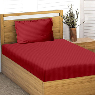 Trance Home Linen 210 TC Cotton Single Striped Fitted (Elastic) Bedsheet(Pack of 1, Maroon)