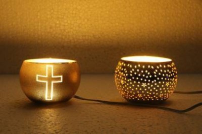 Virya christmas decor unique night lamp jesus,tree,stars and jesus symbol design with led included Glass 2 - Cup Tealight Holder Set(Multicolor, Pack of 2)