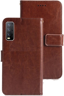 MG Star Flip Cover for vivo Y12s PU Leather Vintage Case with Card Holder and Magnetic Stand(Brown, Shock Proof, Pack of: 1)