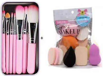 Mixonshun brush set of 7 in Tin box with Sponge puff blender Set of(Pack of 13)
