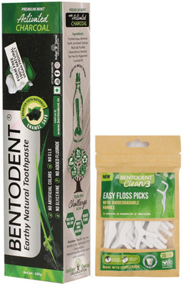 bentodent Activated Charcoal toothpaste with Biodegradable Clean x 3 Dental Floss Picks (30 Qty)(2 Items in the set)