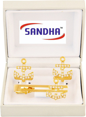 SANDHA Metal Cufflink & Tie Pin Set(Gold)