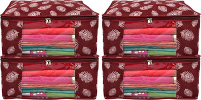 KUBER INDUSTRIES Designer Leaf Printed Saree Cover/Clothes Organiser For Wardrobe With Transparent Window, Pack of 4 (Maroon) HS39KUBMART023671(Maroon)