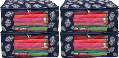 KUBER INDUSTRIES Designer Leaf Printed Saree Cover/Clothes Organiser For Wardrobe With Transparent Window, Pack of 4 (Navy Blue) HS39KUBMART023687(Navy Blue)