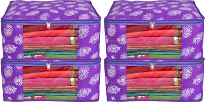 KUBER INDUSTRIES Designer Leaf Printed Saree Cover/Clothes Organiser For Wardrobe With Transparent Window, Pack of 4 (Purple) HS39KUBMART023679(Purple)