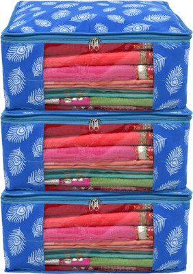 KUBER INDUSTRIES Designer Leaf Printed Saree Cover/Clothes Organiser For Wardrobe With Transparent Window, Pack of 3 (Blue) HS39KUBMART023661(Blue)