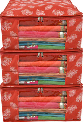 KUBER INDUSTRIES Designer Leaf Printed Saree Cover/Clothes Organiser For Wardrobe With Transparent Window, Pack of 3 (Orange) HS39KUBMART023701(Orange)