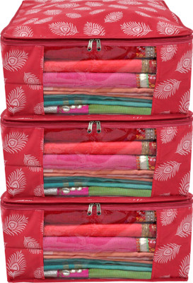 KUBER INDUSTRIES Designer Leaf Printed Saree Cover/Clothes Organiser For Wardrobe With Transparent Window, Pack of 3 (Pink) HS39KUBMART023693(Pink)
