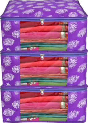 KUBER INDUSTRIES Designer Leaf Printed Saree Cover/Clothes Organiser For Wardrobe With Transparent Window, Pack of 3 (Purple) HS39KUBMART023677(Purple)