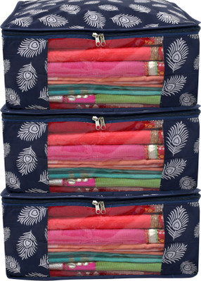 KUBER INDUSTRIES Designer Leaf Printed Saree Cover/Clothes Organiser For Wardrobe With Transparent Window, Pack of 3 (Navy Blue) HS39KUBMART023685(Navy Blue)