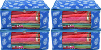 KUBER INDUSTRIES Designer Leaf Printed Saree Cover/Clothes Organiser For Wardrobe With Transparent Window, Pack of 4 (Blue) HS39KUBMART023663(Blue)