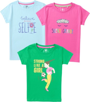 Cub McPaws Girls Graphic Print Pure Cotton T Shirt(Multicolor, Pack of 3)