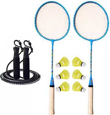 CLOVERBYTE Combo Bullet Multicolour Set of 2 Piece Badminton Rackets with 6 Piece Plastic Shuttle Cock and Skipping Rope Badminton Kit