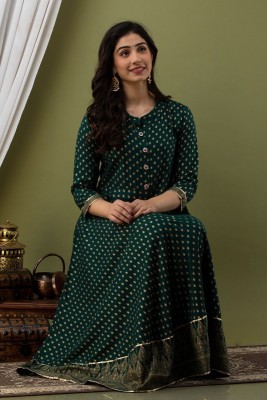 Lee Moda Women Geometric Print Anarkali Kurta(Green)