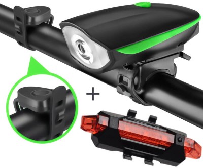 DSTECHBAR Cycle Headlight and Horn with Red Taillight USB Rechargeable (Combo) LED Front Rear Light Combo(Black)