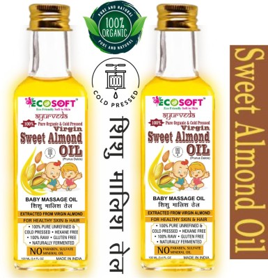 ECOSOFT AYURVEDA Combo pack of Virgin Sweet Almond Oil Massage for Your Infant . Almond oil is not only good for skin but for hair and scalp too! Almond oil massage in babies helps to relax the muscles, promoting circulation which helps babies to sleep better. Massaging your baby’s tummy gently with