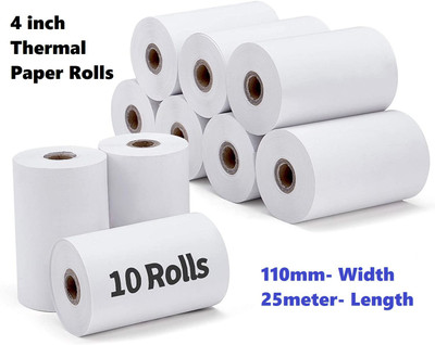 AIMERS 4 Inch Thermal Printer Paper Rolls Size- 110mm(Width)x25meter(Length), Set of 10 Rolls 110mm 70 gsm Thermal Paper(Set of 10, White)