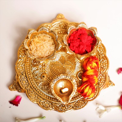 KridayKraft Metal Pooja Thali with Diya for Pooja Room Temple Mandir Home Office Decorative Pooja Thali Set for Diwali Poojan,Indian Festivals Gift Article... Aluminium(1 Pieces, Gold)