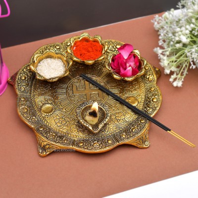 Ascension White Metal Pooja Thali with Deepak Swastik Flower Designer Plate thali Diya Deepak Thali Puja (Golden) Gold(1 Pieces, Gold)