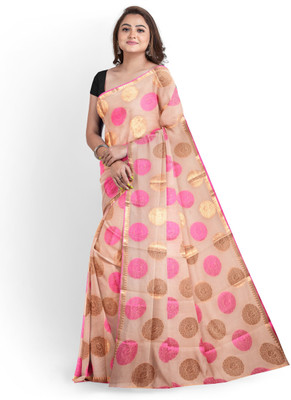 GNSARI Woven Banarasi Handloom Art Silk Saree(Cream)