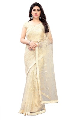 suvarna ethnic Embellished Bollywood Net Saree(Pack of 2, Cream)