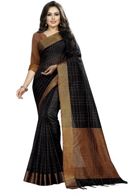 JS Clothing Mart Solid/Plain, Checkered Chanderi Cotton Linen Saree(Black)