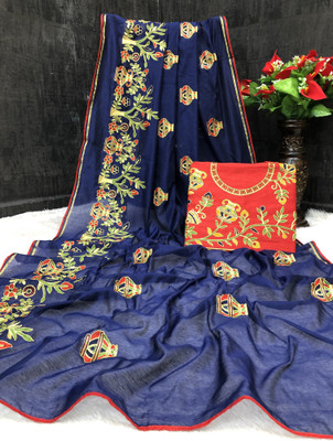 DHRUV CREATION Embroidered Bollywood Chanderi Saree(Dark Blue)