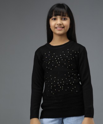 Fit N Fame Embellished Round Neck Casual Girls Black Sweater