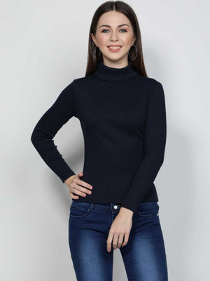 Talgo Solid Women Polo Neck Black T-Shirt