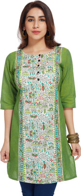 

Enah Women's Printed A-line Kurta(White, Green), Green;white