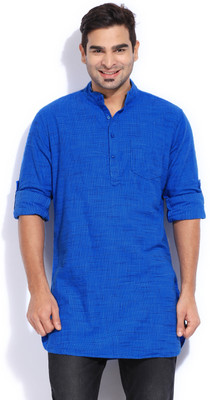 

The Indian Garage Co. Men's Checkered Straight Kurta(Blue), Cobalt blue
