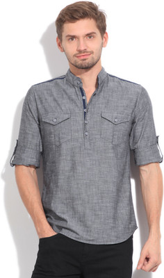 

The Indian Garage Co. Men's Solid Straight Kurta(Grey), Black