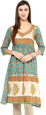 

Jugnu Women's Printed Flared Kurta(Green
